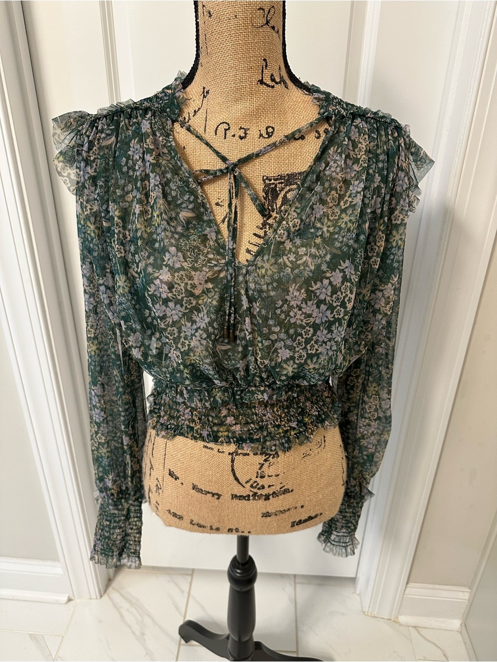 Free People Green Floral Sheer Tie-Neck Cropped Blouse